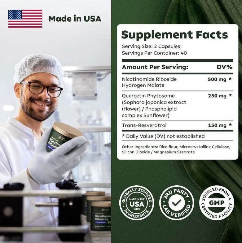 NAD+ RIBOSIDO DE NICOTINAMIDA, RESVERATROL Y QUERCETINA 80 capsulas